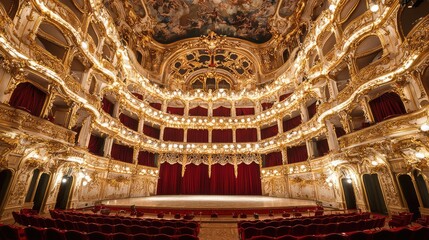 Obraz premium Elegant theater interior with luxurious decor, illuminated by warm lights and showcasing a grand stage setting.