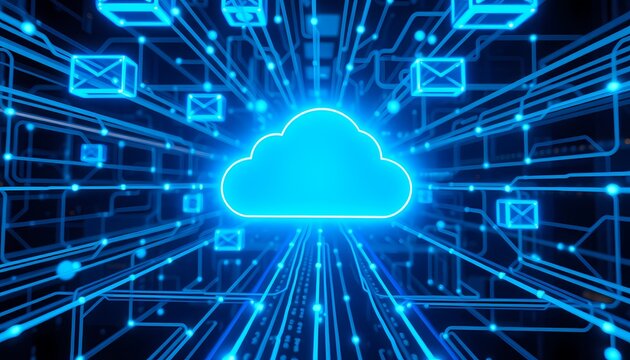 Luminous Cloud Computing Network with Central Neon Blue Cloud and Holographic Data Paths