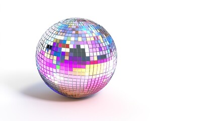 Fototapeta premium A stunning disco ball reflecting a dazzling array of colors against a pure white background, showcasing a photorealistic style enhanced by dramatic studio lighting.