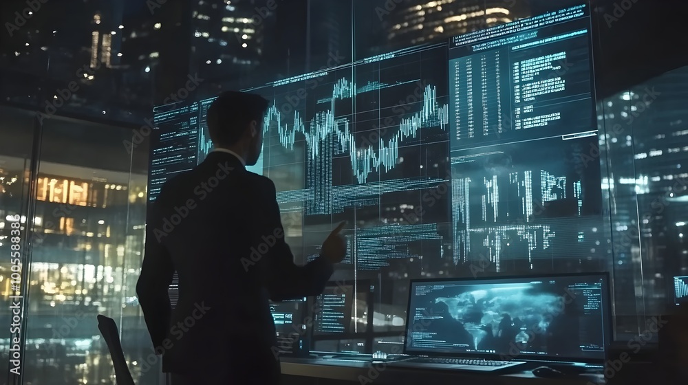 Poster futuristic finance team collaborating and reviewing augmented reality reports and data analytics on 