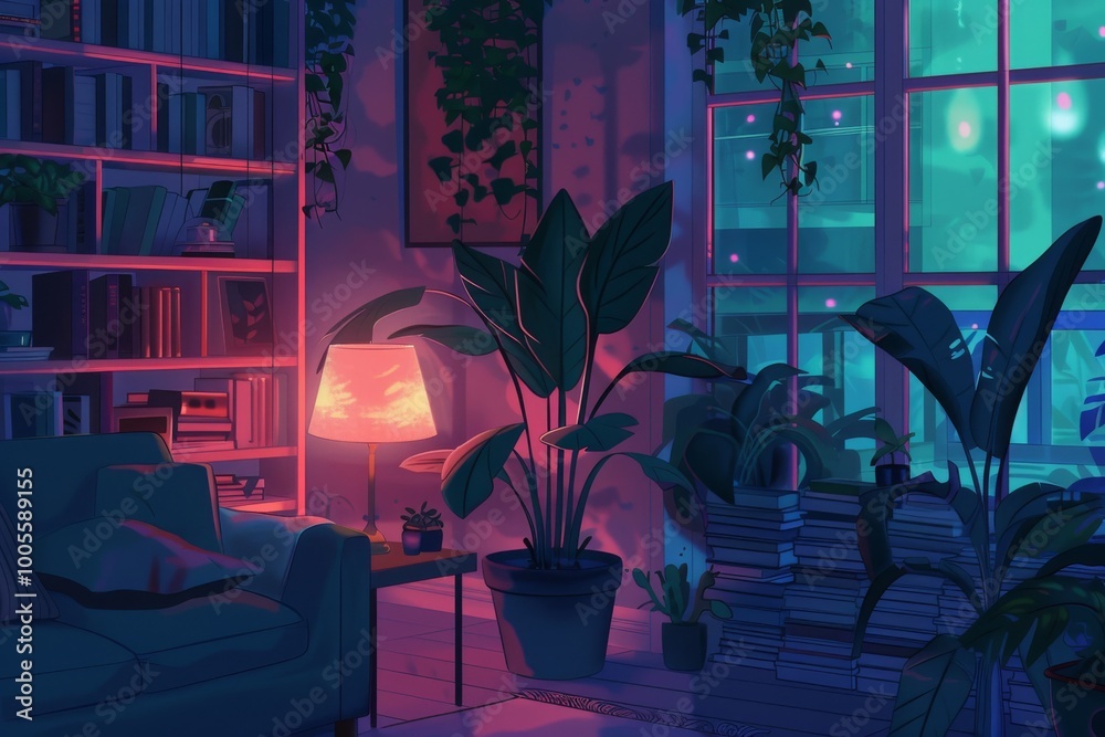 Poster A room with a lamp and a plant in a pot. The room is dimly lit and has a cozy atmosphere