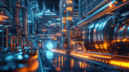 Futuristic industrial scene featuring glowing pipes and machinery, showcasing advanced technology and innovation in a modern setting.