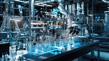 Fototapeta premium Futuristic laboratory featuring advanced technology, glassware, and robotic arms in a high-tech environment.