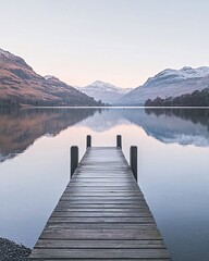Obraz premium Wooden pier extending into a calm lake with snow-capped mountains in the distance.