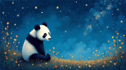 Fototapeta premium a panda sits in the grass with the stars in the background.