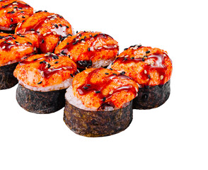 Delicious sushi rolls with spicy sauce and sesame seeds on white background