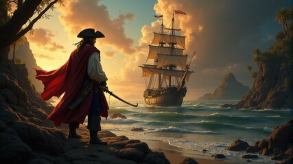 a pirate ship is on the beach and the man is looking at the ship.