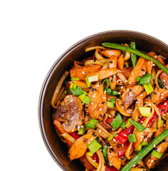 Delicious stir-fried beef and vegetable dish isolated on white