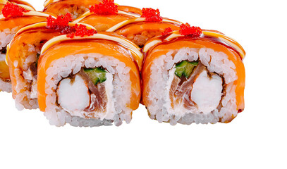Delicious sushi roll with salmon on white background