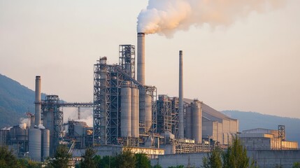 Fototapeta premium Industrial factory emitting smoke, showcasing modern production techniques and environmental impact in a scenic landscape.