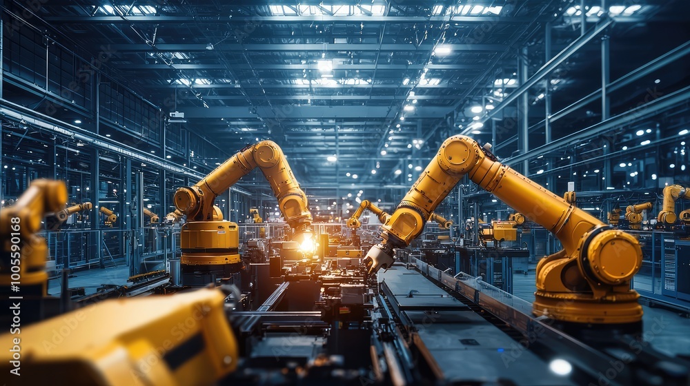 Poster industrial robots working in a modern factory setting, showcasing automation and precision in manufa