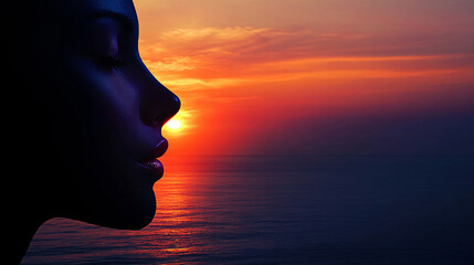 ethereal silhouette of person against dusky horizon, capturing serene beauty of sunset over ocean. warm colors blend harmoniously, evoking sense of calm and reflection