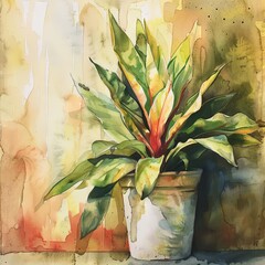 A colorful watercolor painting featuring a potted plant with green and red leaves against a textured, warm-toned background.