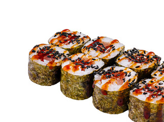 Sushi rolls set covered with black sesame seeds and sauce isolated on white background