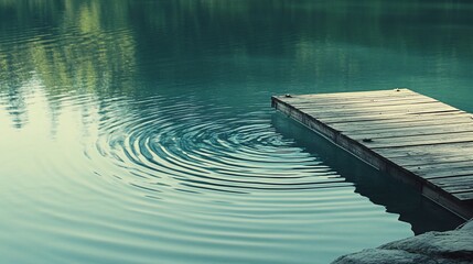 Wooden dock extending over a calm lake with a ripple in the water.