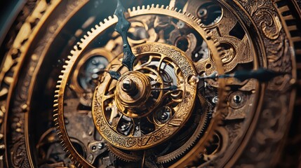 Fototapeta premium Intricate vintage clock mechanism showcasing detailed gears and elegant design, perfect for themes of time and craftsmanship.