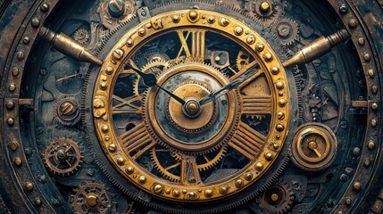 Obraz premium Intricate vintage clock with gears showcasing the beauty of steampunk design and craftsmanship in a stunning mechanical display.