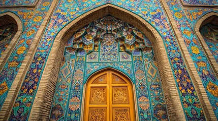 Intricate tilework and ornate patterns decorate a vibrant architectural facade with a striking wooden door.