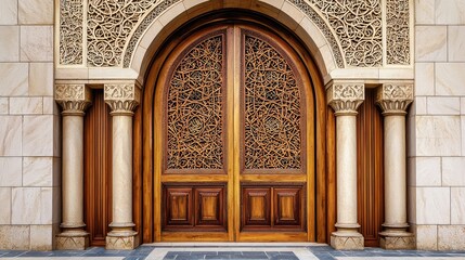 Intricately designed wooden door with ornate carvings and stone pillars, showcasing exquisite craftsmanship and elegance.