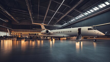 Fototapeta premium Luxury private jet parked in a modern airplane hangar with elegant lighting and polished floors, showcasing meticulous design.