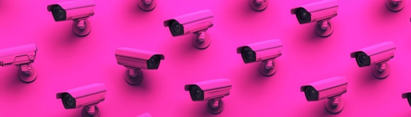 A vibrant pattern featuring multiple security cameras against a bold pink background, creating a striking visual contrast.