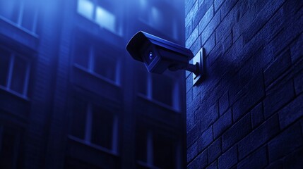 A dark, atmospheric scene featuring a security camera mounted on a brick wall, surrounded by a moody blue light, suggesting surveillance in an urban environment.