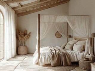 A rustic bedroom featuring a four-poster bed with soft linens and a canopy. Natural textures like wicker baskets and dried plants add warmth, creating a serene, comfortable space with a bohemian touch