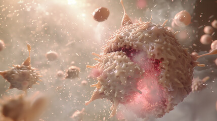 Close-Up of a Single Cell Showing Visible Signs of Decay and Disintegration, Surrounded by a Blurred Background of Healthy Cells, Illuminated by Soft Natural Light to Emphasize the Contrast Between Li