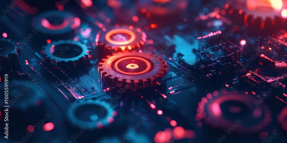 Poster modern digital abstract 3d background with gears and holographic screens representing automation and