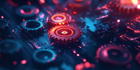Modern Digital Abstract 3D Background with Gears and Holographic Screens Representing Automation and Robotics in Industry