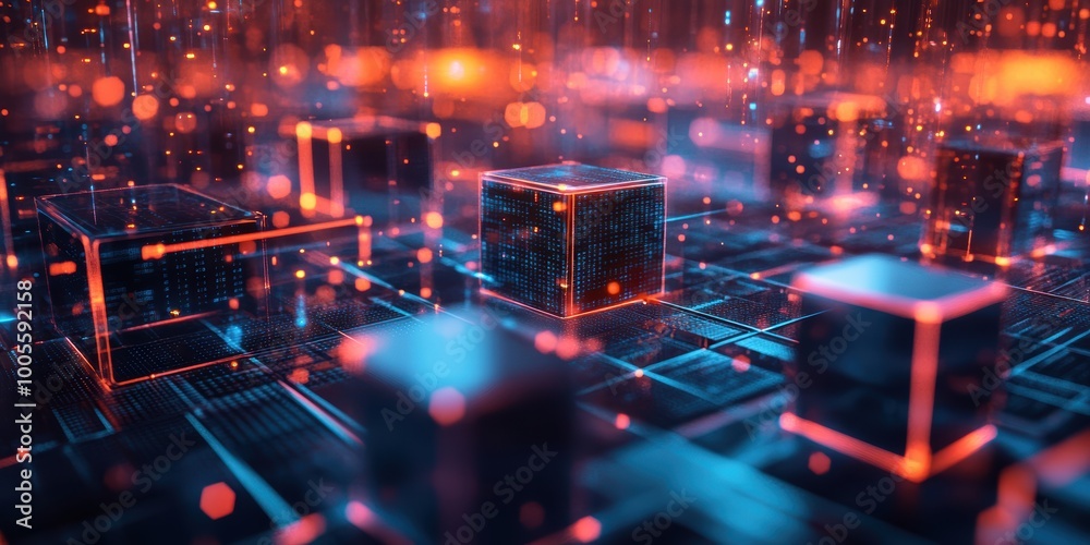 Poster modern digital abstract 3d background with futuristic office settings and glowing data streams for b