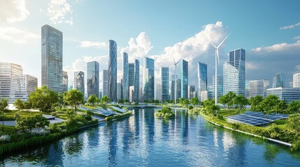 Modern cityscape featuring skyscrapers, greenery, and wind turbines by a serene river, showcasing sustainable urban design.