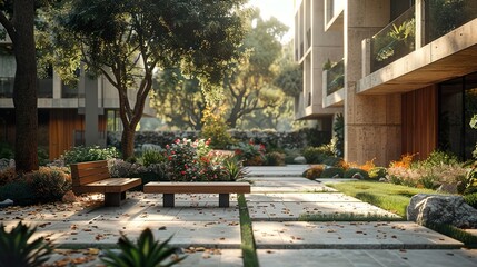 Obraz premium Modern Architecture Building with Garden and Bench