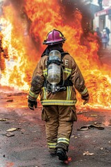 Firefighter approaches intense blaze, ready for action with space for inspirational text