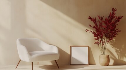 Mock up frame of a minimalist white lounge chair in a comfy area with light sand-colored walls, featuring a lively red-toned plant and a 3D frame beside the seating