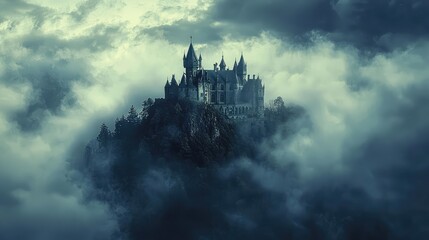 Fototapeta premium Mysterious castle shrouded in thick fog, perched on a rocky cliff, evoking a sense of enchantment and intrigue.