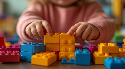 Child's hands playing with colorful building blocks.