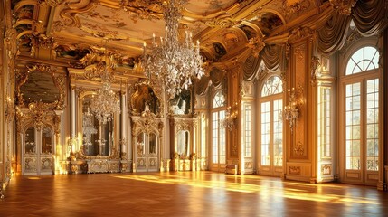 Fototapeta premium Opulent ballroom featuring grand chandeliers, intricate decor, and sunlight streaming through tall windows, creating an elegant atmosphere.