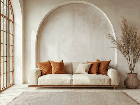 A cozy, minimalist living room featuring a neutral-colored sofa with soft cushions in a modern arch niche. The design highlights earthy tones, complemented by a single dried plant, creating a serene, 
