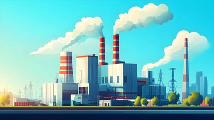 Obraz premium Sleek and modern minimalist cartoon style power plant with clean lines vibrant color palette and futuristic optimistic energy An industrial setting with a stylized urban landscape and conceptual