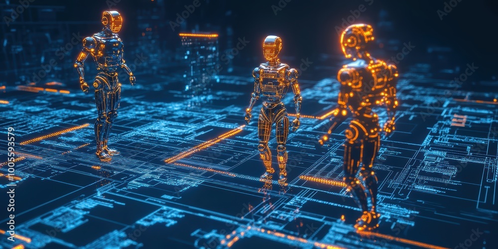 Poster modern digital abstract 3d background with glowing blueprints and robotic figures visualizing digita