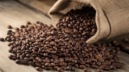 Spilled coffee beans from a burlap sack