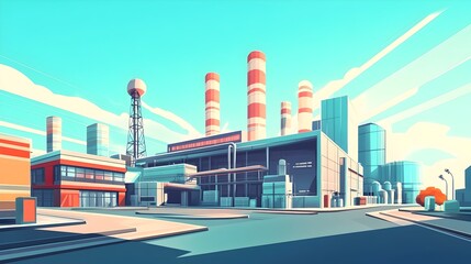 Sleek and modern power plant with a vibrant minimalist cartoon style architecture featuring clean lines