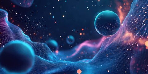 Modern Digital Abstract 3D Background with Glowing Planets and Stars, Symbolizing Space Exploration and the Digital Frontier