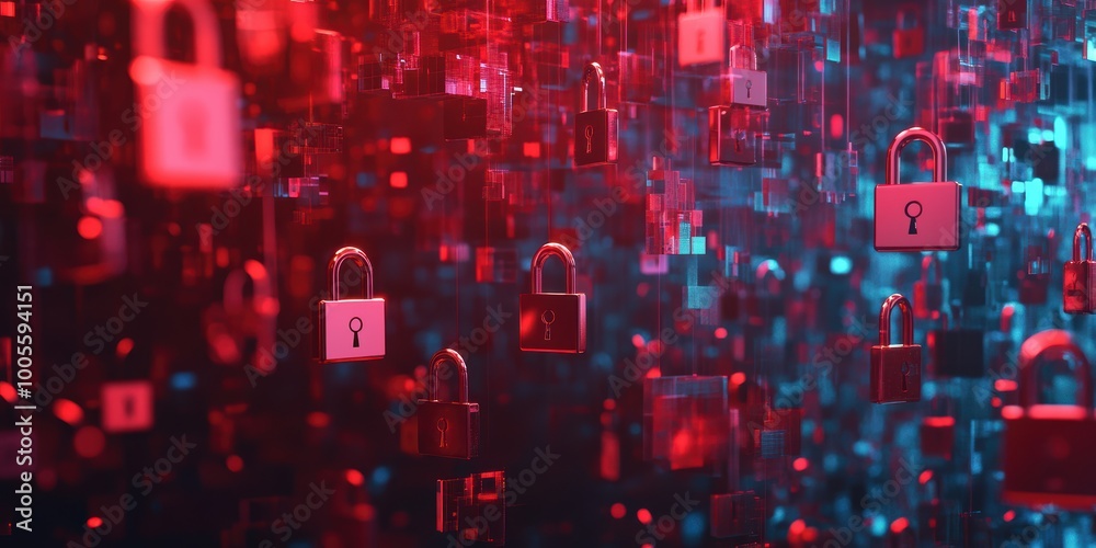 Poster modern digital abstract 3d background with holographic locks and keys floating in space representing
