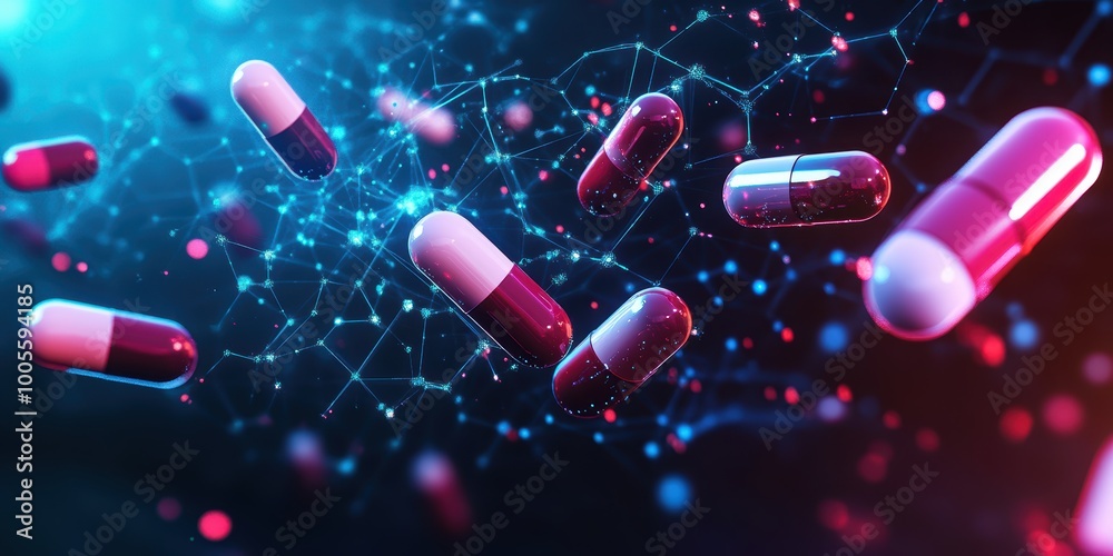 Poster modern digital abstract 3d background with interconnected hexagons and floating pills representing p