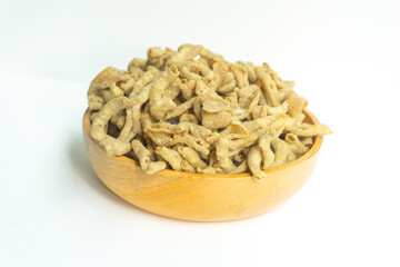 Intestine chips with white background. Intestine chips are one of the favorite snacks of Indonesian.