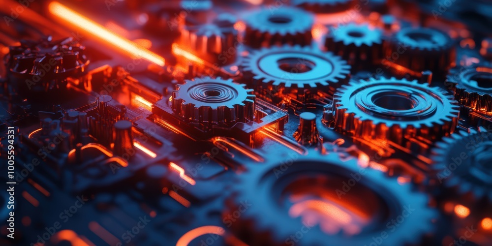 Poster modern digital abstract 3d background with interlocking gears and neon lights symbolizing automation