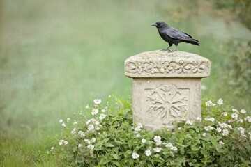 A raven stands atop a beautifully carved stone pillar, set amidst blooming white flowers. The serene outdoor scene combines nature with historical or memorial elements, creating a tranquil atmosphere.