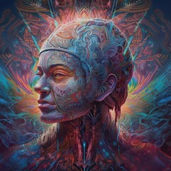 Fototapeta premium A vibrant, intricate portrait of a woman with abstract patterns.